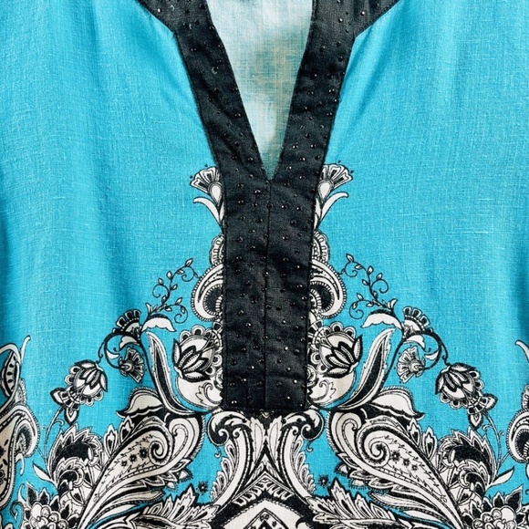 JM Collection Women's Linen Tunic Turqouise Paisley 3/4 Ruched Sleeve 2X - Picture 2 of 9